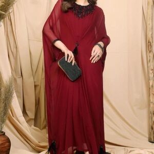 Pakistani Branded Burgundy With black Embroidery Poncho Style Dress.